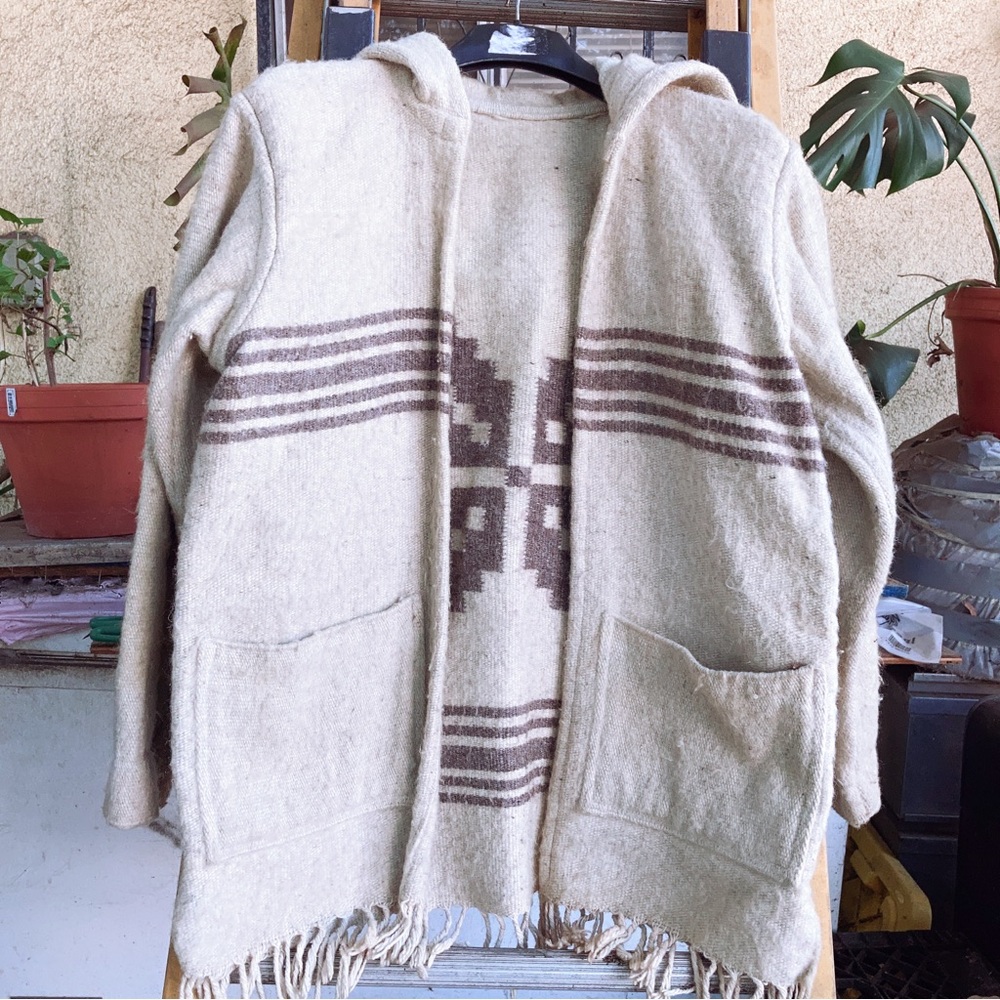 Vintage Hand Knotted Wool Open Hooded Jacket Front Pockets Tribal Pattern